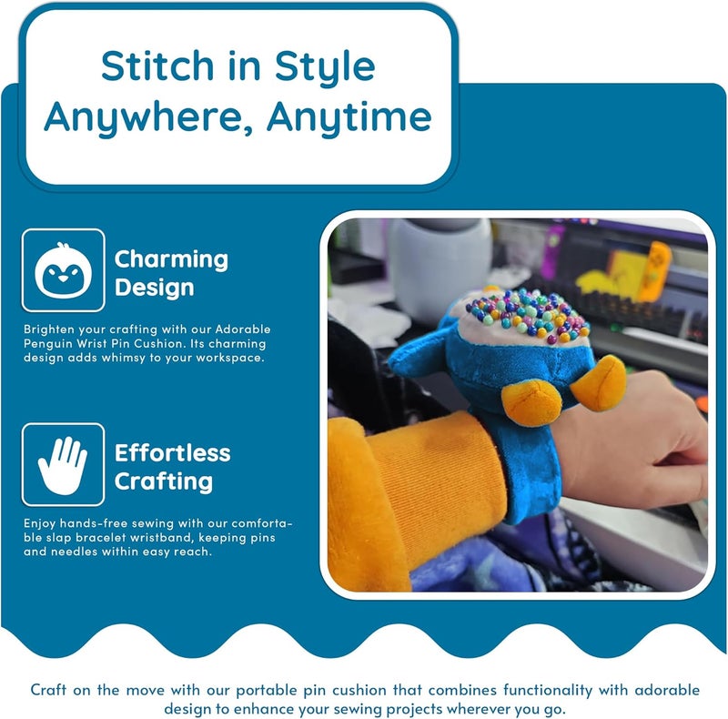 Countables Cute Penguin Wrist Pin Cushion for Sewing - Snap Bracelet Wrist Bands for Pins and Needles - Sewing Supplies and Accessories - Needle Minder & Holder - Adjustable Pincushions (Blue) - Image 3